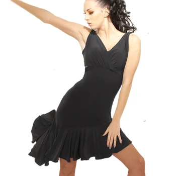 

Fashion Women Sleeveless V-neck Black Latin dance Dress Rumba Skirt One Piece Stage Costume