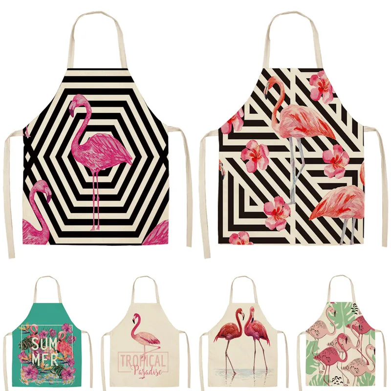 

1Pcs Flamingo Pattern Kitchen Aprons Woman Adult Kids Cotton Linen Bibs Home Cooking bbq Apron Cleaning Accessory 53*65cm A1158