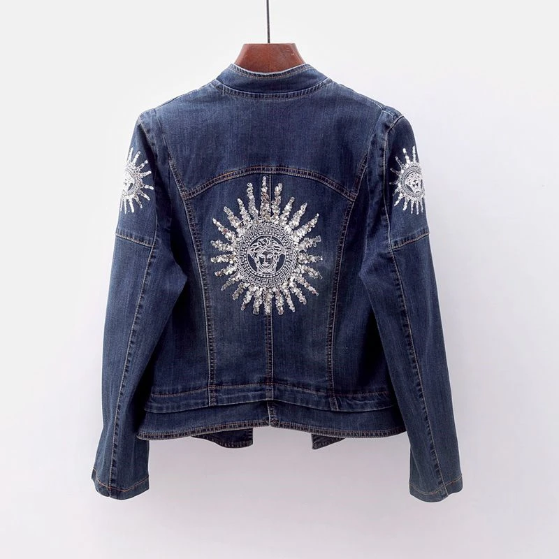 Coréenne Veste Survêtement Décontracté Jeans Base Blue Dark Taille Slim light Blue De Printemps Broderie Sequin Denim Manteau Femmes Zipper Grande Automne YE4BBxq