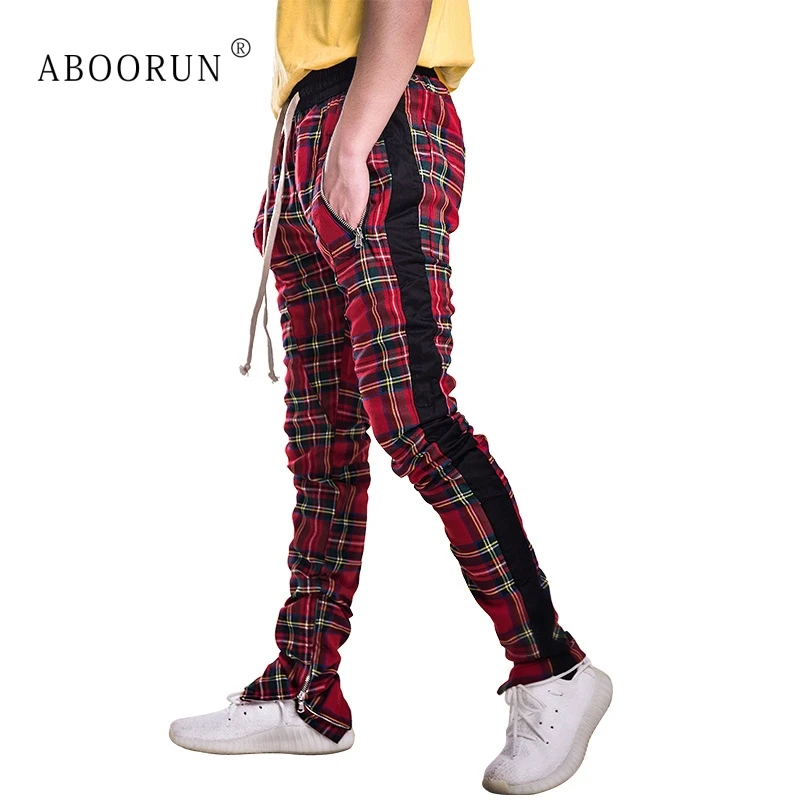 ABOORUN Для мужчин в стиле «хип-хоп», беговое трико обтягивающее в клетку; брюки на молнии Марка NEW FASHION Hi Street Осень длинные штаны для бега по доступной цене, повседневная одежда для мужчин x1690