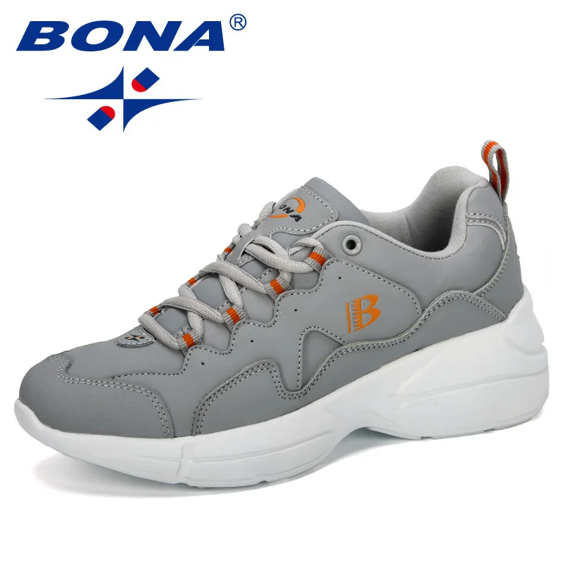 BONA New Fashion Style Platform Sneakers Ladies Brand Chunky Causal Shoes Woman Leather Leisure Shoes Chaussure Femme Comfy - Цвет: Light  gray