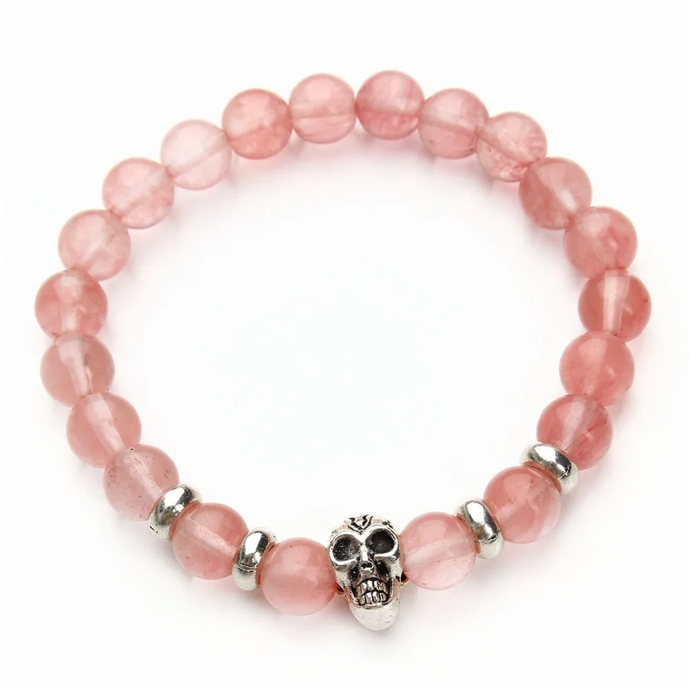 

Light Red Created Natural Stone Beads Bracelets Bangle Antique Silver Color Kito Skull Skeleton Charm Bracelet Fashion Jewelry