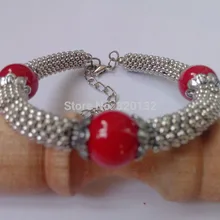 7.5 дюймов Природный ручной тибета серебряные красный коралл браслет Серебро Крючок 2 шт. браслеты