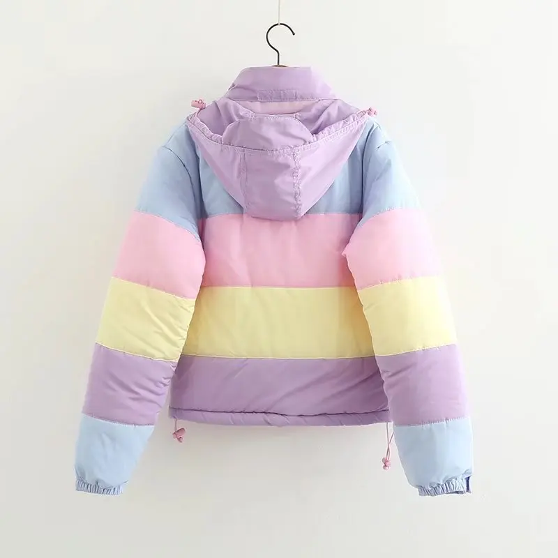 amazing  Harajuku Rainbow Jackets with Removable Hat for Women All-match Thick Clothing Loose Rainbow Splici