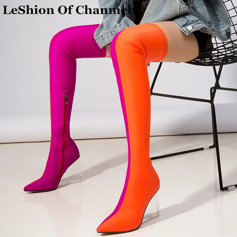 

sexy transparent heels wedges T-stage Show Runway boots women's clear heeled stretch Lycra over-the-knee boots Thigh high shoes