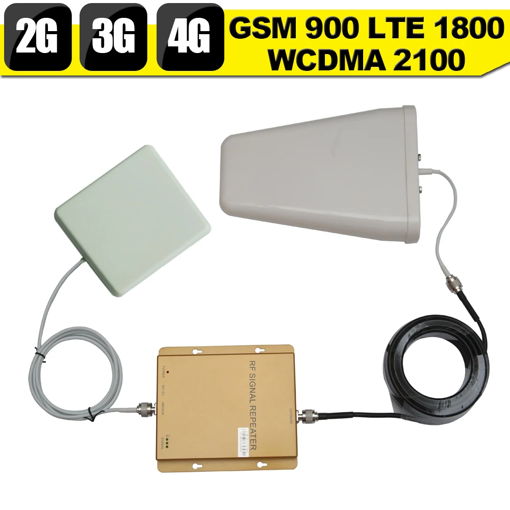 GSM 900 3G WCDMA 2100 4G LTE 1800 Tri Band Mobile Phone Signal Booster 65dB 2G