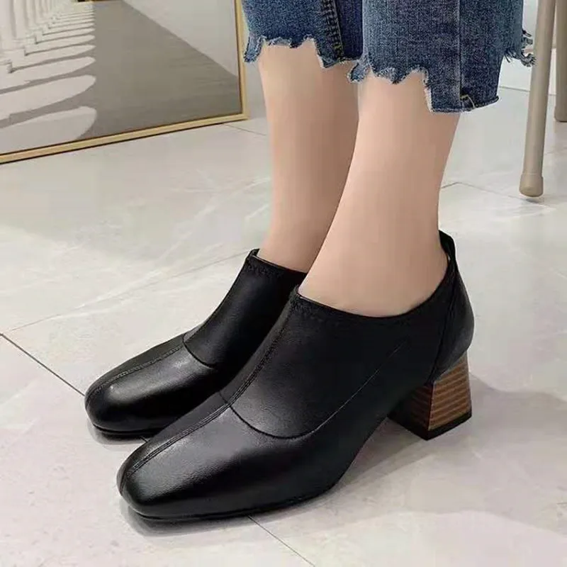 New Designer Women Med Square Heels 5 cm Elegant Fashion Pumps Shoes Woman Genuine Leather Casual Office Lady OL Shoes