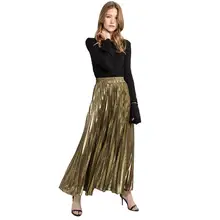 Летние большие размеры с высокой талией макси юбки золотистые серебряные плиссированные элегантная длинная юбка женские тонкие трапециевидные макси юбки для женщин