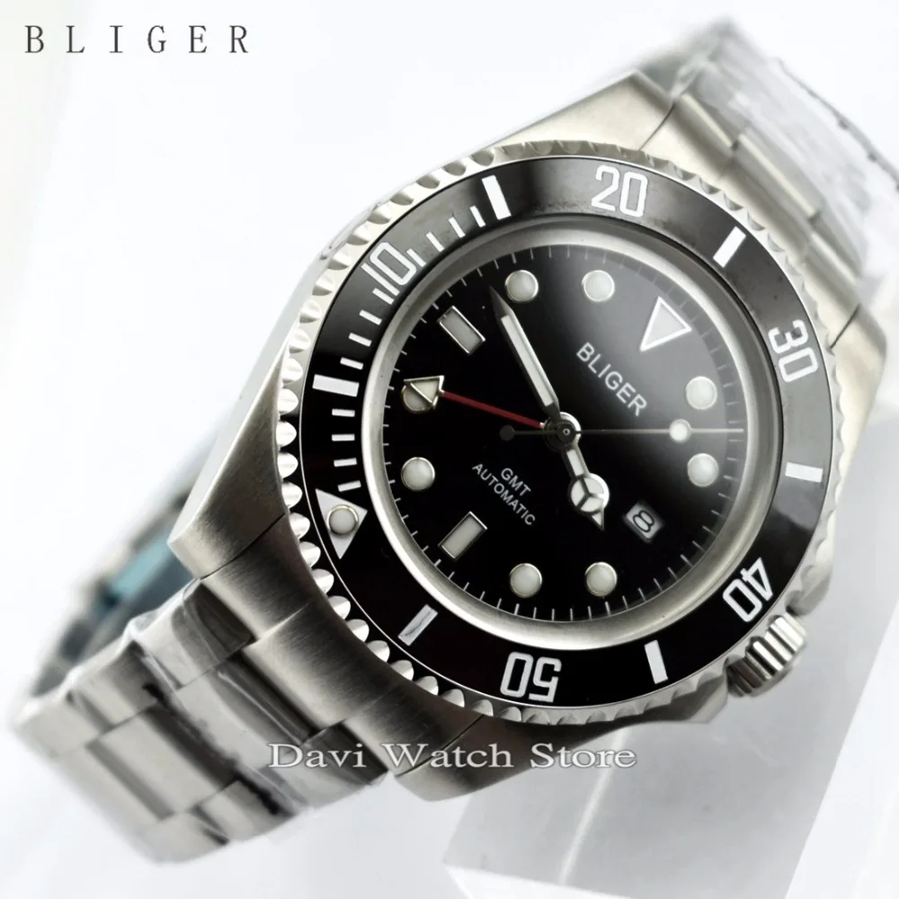  43MM BLIGER BLACK DIAL CERAMIC BEZEL LUMINOUS GMT DATE AUTOMATIC MEN WATCH