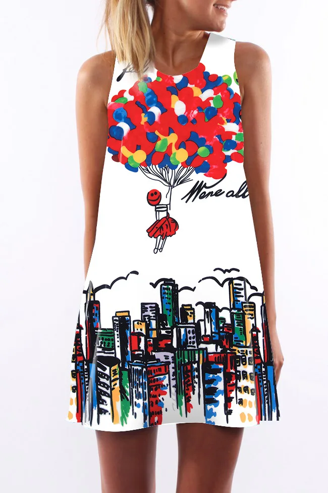 2018 Summer Dress Women Floral Print Polyester Dress Sleeveless Boho Style Short Beach Dress Sundress Casual Shift Dresses (83)