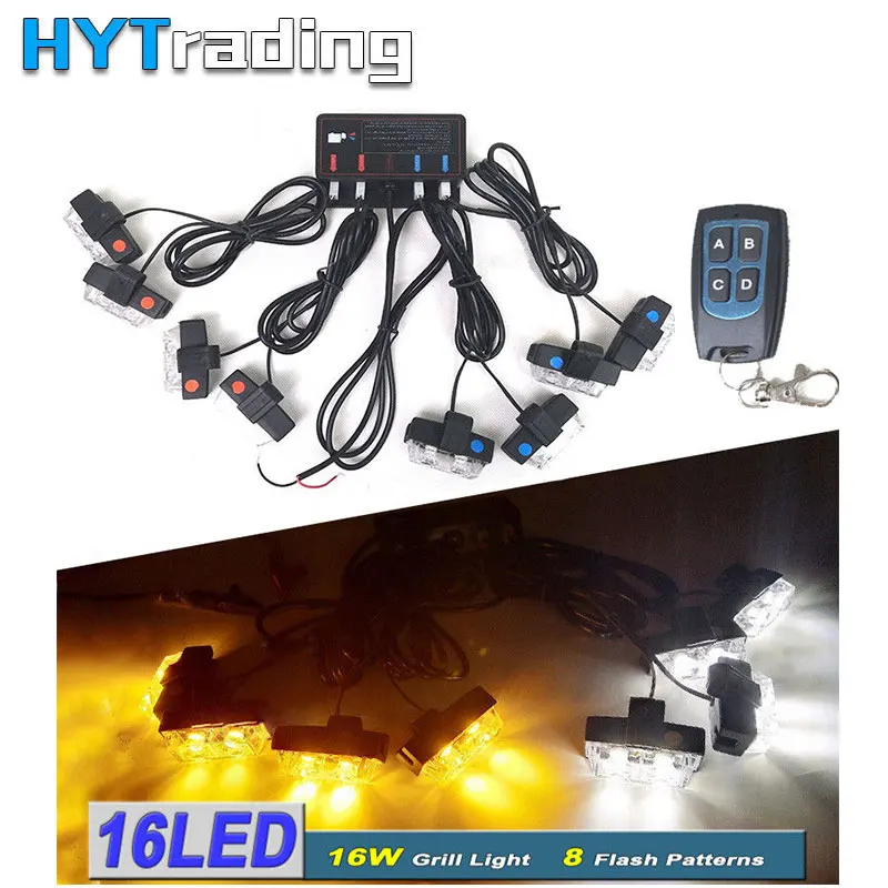 

16 LED Emergency Flashing Warning Strobe Light 12V LED Car Front Grille Deck For Police Dash Lights Red&Blue Car Styling