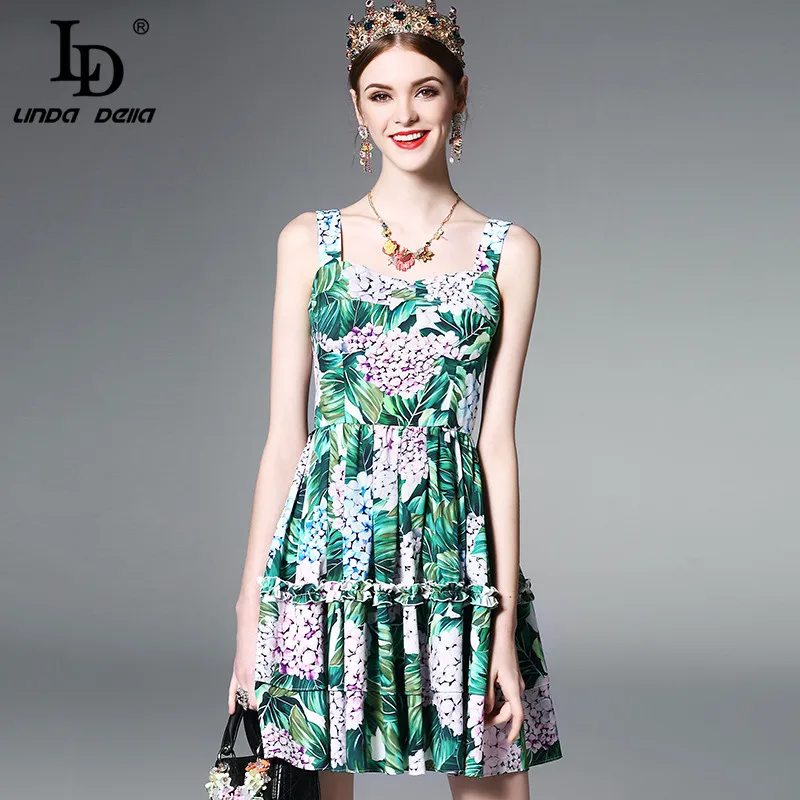 Buy Cheap High Quality Runway Designer Summer Dress Women's elegant Backless Spaghetti Strap Casual Green Floral Print Short Dress vestido