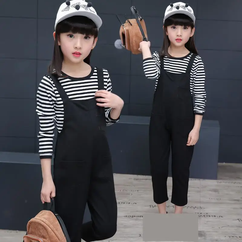 

New Fashion Children Clothing Girls Set Kids Clothes Girl Clothing Spring 2018 Suits Toddler Striped T-shirts + Overalls Outwear