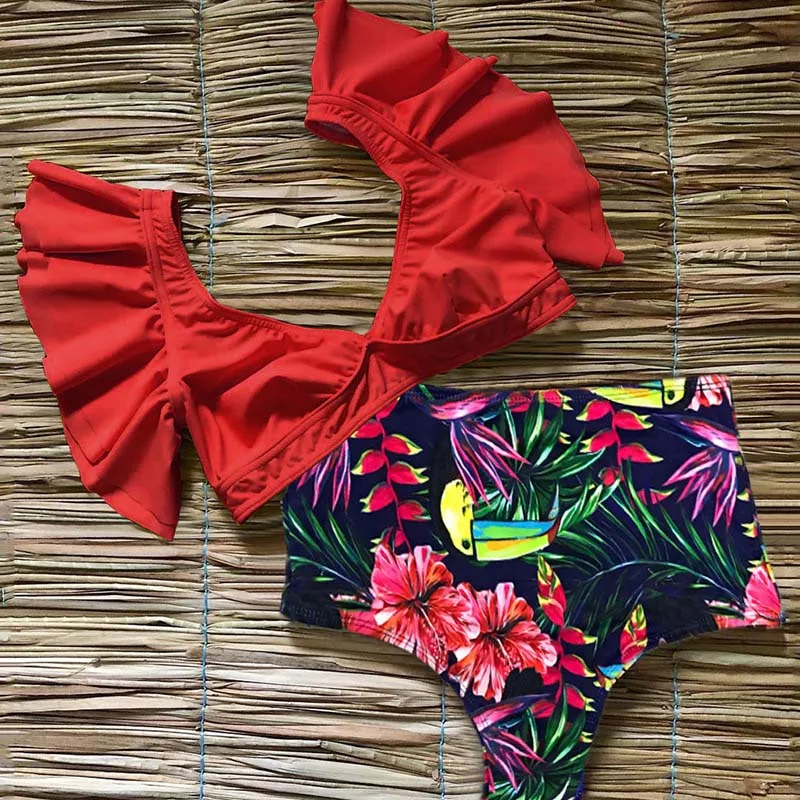 الأزهار كشكش تنحنح ارتداءها مجموعة النساء فلورا الخامس الرقبة عالية مخصر اثنين من قطعة ملابس السباحة 2019 فتاة الشاطئ ثوب السباحة ملابس السبا...