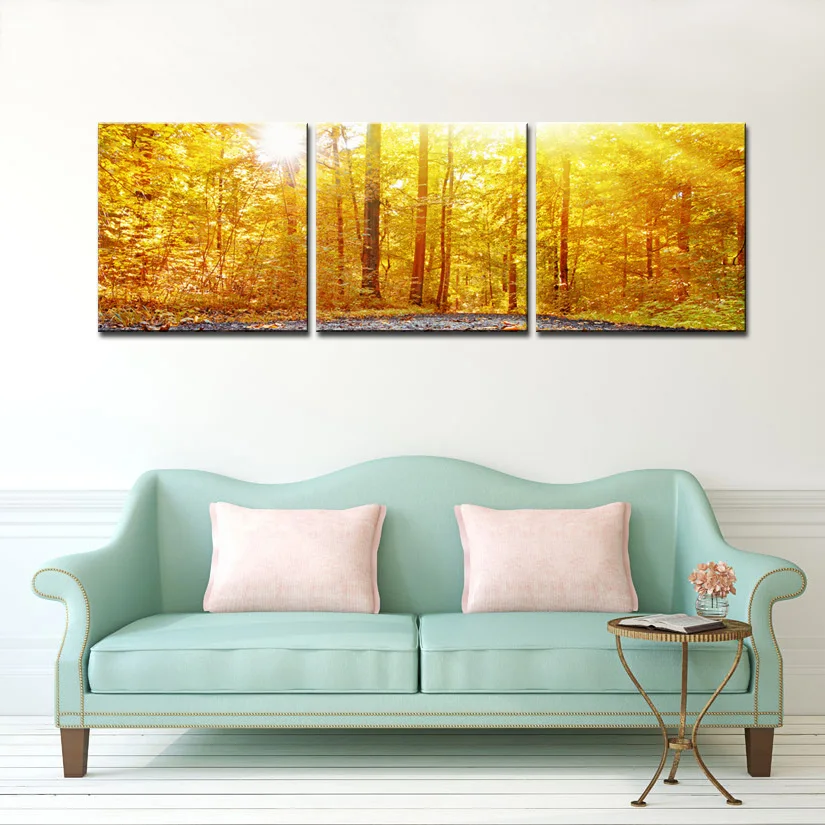 3 Panel Golden Forest Landscape Wall Art Painting Print on Canvas Modern Still Life Artwork for Bedroom Living Room Decor | Дом и сад