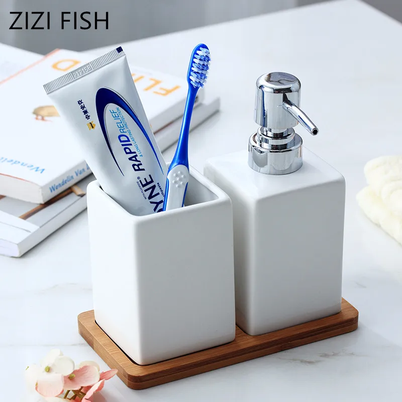 Ceramic Hand Sanitizer Bottle Pressing Shower Gel Bottle Toothbrush Cup Tumbler Set with Bamboo Tray Bathroom Accessories