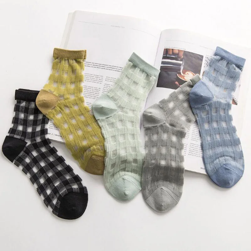 Летние тюлевые носки для женщин Лоскутные клетчатые забавные носки прозрачные длинные носки женское платье чулочно-носочные изделия уличный японский стиль
