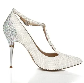 

New Fashion White Pearl Women Wedding Shoes Pointy Toe Pearls High Heels Bride Bridesmaid Big Size Latin Dance Pumps Shoe Night