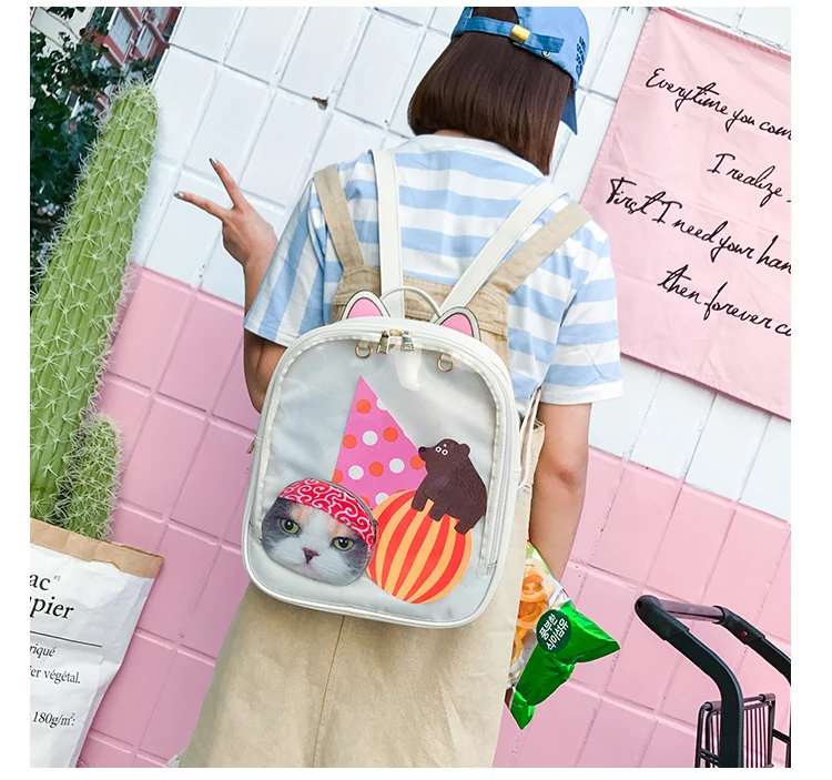 Lovely Cat Ear Leather Backpacks Candy Color Transparent Bag Teenage Girls Travel Bakpack Children Shoulder Bags School Itabag