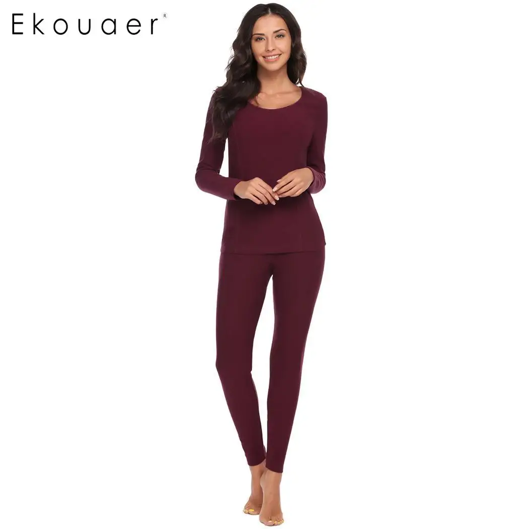 

Ekouaer Thermal Underwear Women Winter Casual Warm Anti-microbial Stretch Thermo Underwear Sets Female Warm Long Johns Top Pants