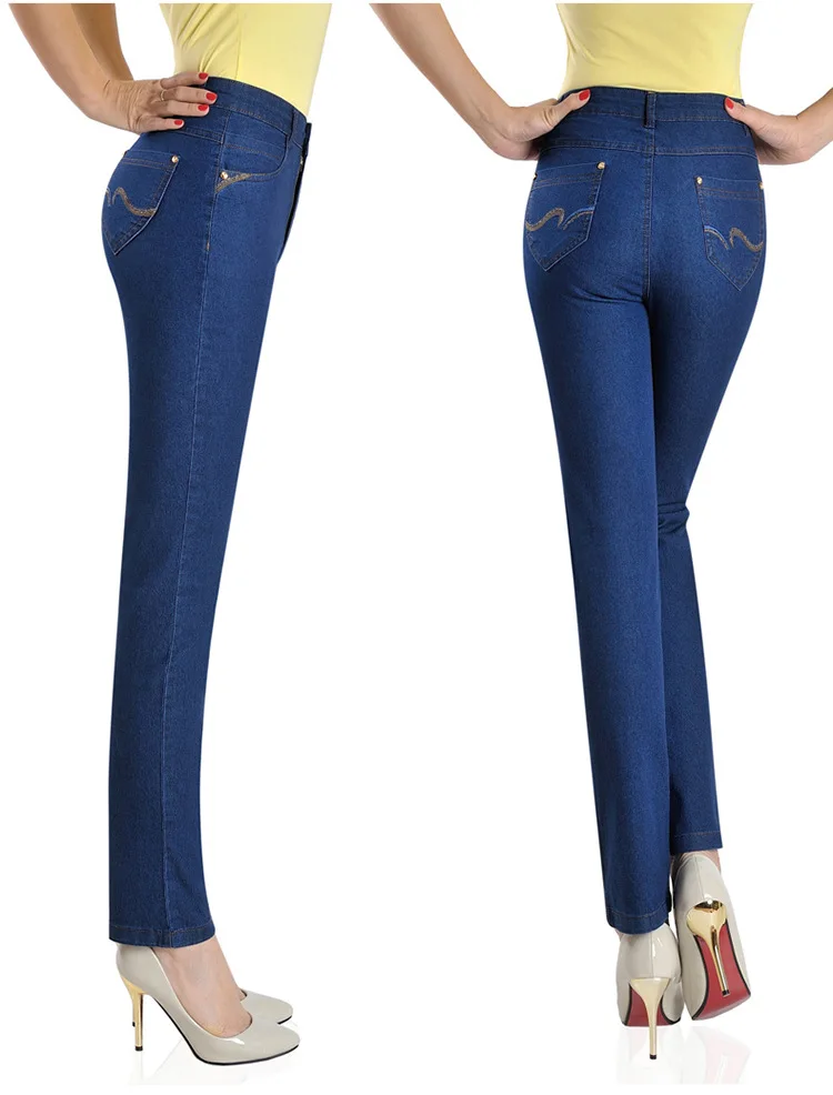 2018 женские брюки до щиколотки, элегантные джинсовые брюки для мамы, джинсы с высокой талией, прямые эластичные джинсы среднего возраста