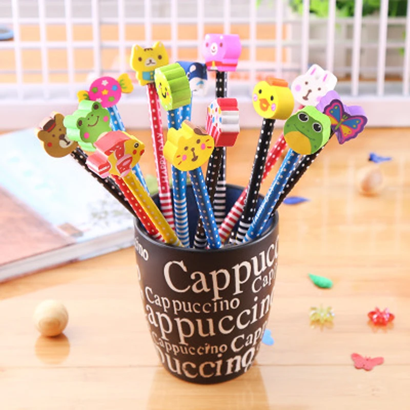 

1Lot/4Pcs Student stationery pencil with Cartoon rubber head Wooden shell HB hardness lead core good stationery supplies for kid