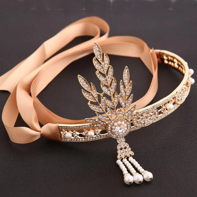 

Vintage Hairband Great Gatsby Hair Accessories Crystal Leaf Bridal Headpiece Pearl Tiara Gold Color Headband For Women Wedding