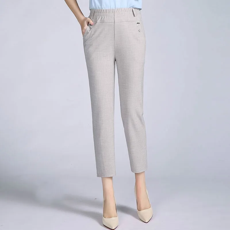 

Plus Size 5XL High Waist Ankle-Lengt Pants Middle Aged Women Straight Trousers Pantalon Femme Ladies Solid Color Pants