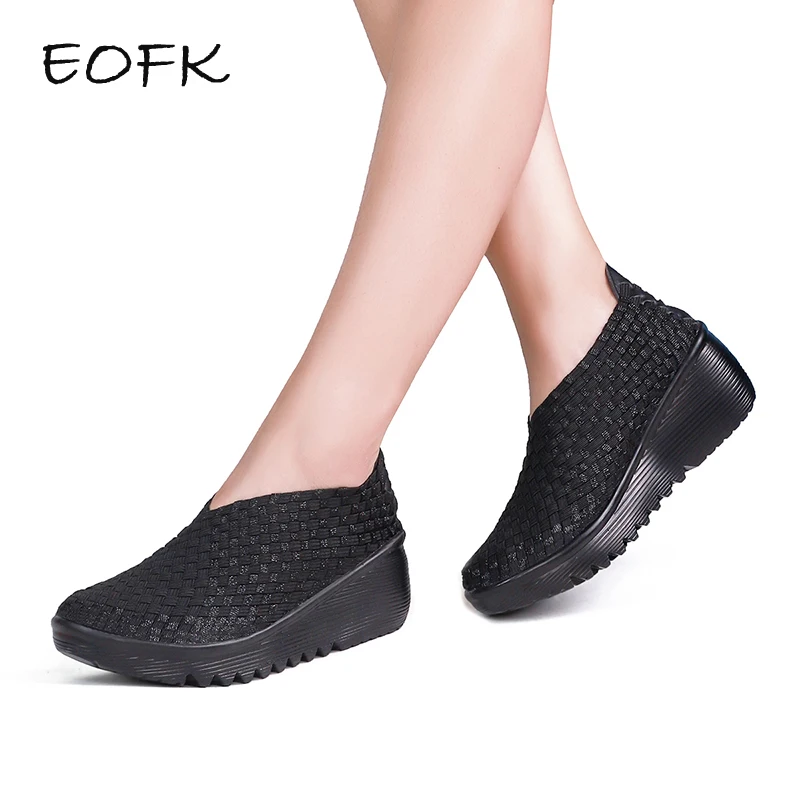 EOFK Breathable Women Woven Shoes loafers Handmade Elastic Woven Slip On Nylon Platform Wedges Shoes Woman