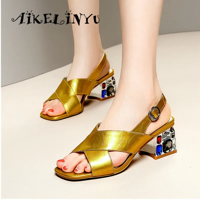 

AIKELINYU Women Sandals Yellow Summer Peep Toe Buckle Lady Party Sandals Natural Genuine Leather Rhinestone Thick High Heel Shoe