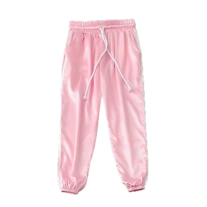 

2019 Autumn Winter Striped Loose Waist Pull Rope Satin Harem Pants Women Solid European Style Pantalon Femme