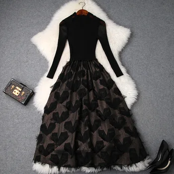 

Black Dress Midi 2019 Spring Women's New Round Neck Perspective Mesh Stitching Feather Tassels Mid-calf Dress Female