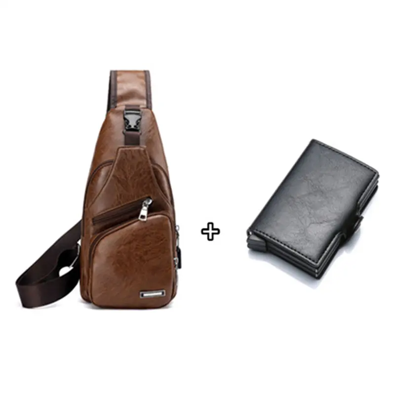 

New Single Shoulder Bag 2019 Men's Chest Bag Retro PU Leather Aluminum Credit Card Holder RFID Wallet Travel Composite Bag