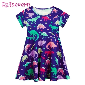 

Blue Ground Colorful Dinosaur Printing Girls Dress Floral Children Princess Dress Cute Baby Kids For Girls Short Sleeve Costumes