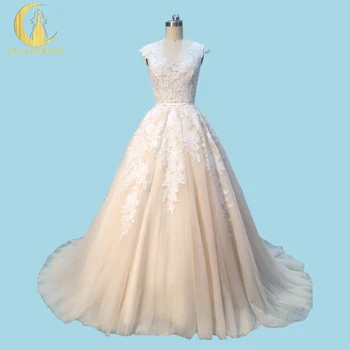 

Rhine Real Picture New Arrival Champagne Cap Sleeves Lace V back Lace up A-line Bridal Wedding Dresses Wdding gown