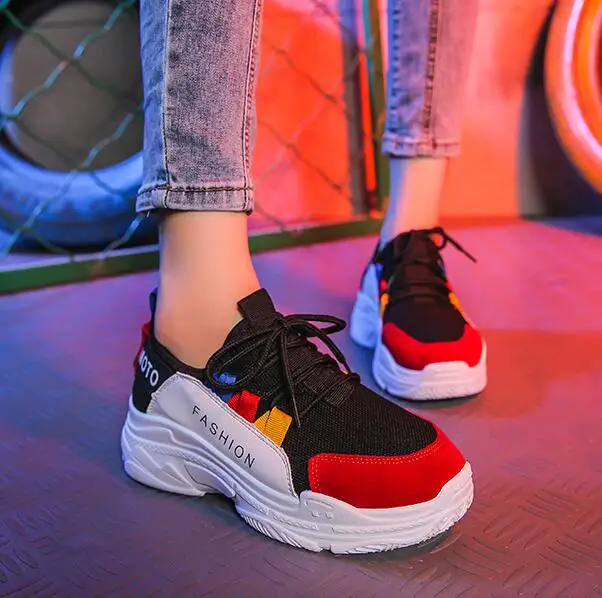 

TUOLU 2018 Comfortable Breathable Mesh Flat Shoes Women Spring Autumn Casual Lace-Up Creepers Platform Shoes Basket Femme