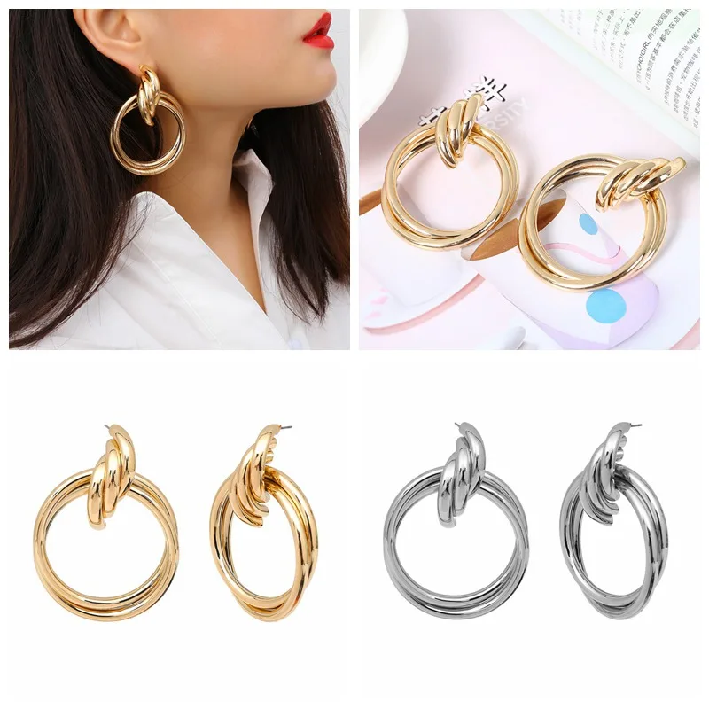 

WEIXINBUY Gold And Silver Ring Earrings Minimalist Ring Earrings Exaggerated Versatile Hollow Ring Business Earrings G78