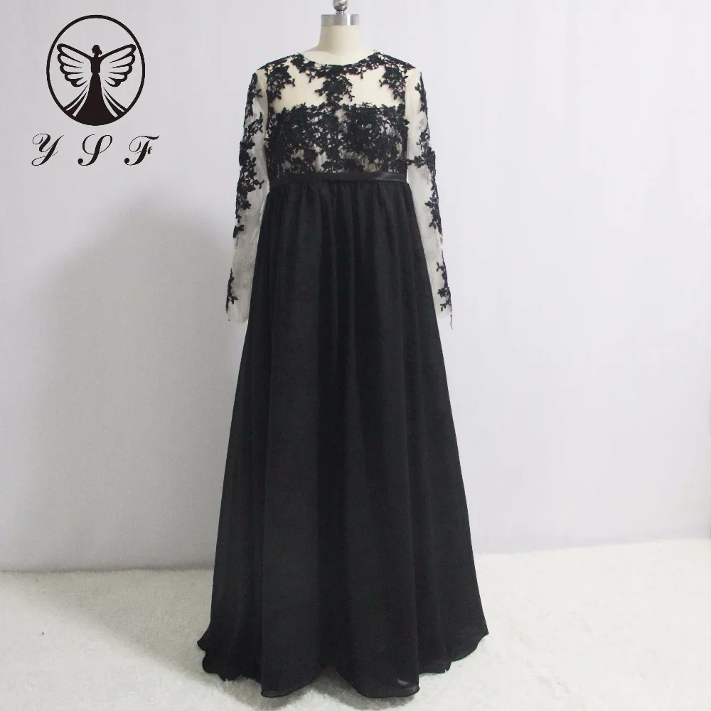 

Simple Design Black O Neck Appliqued Lace Long Sleeve Empire Waist Floor Length Maternity Mother of the Bride Dresses