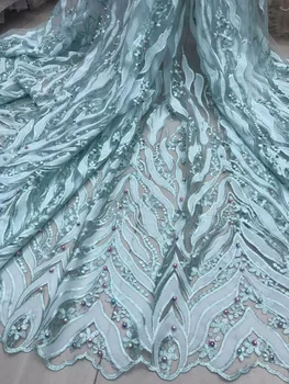 

Hot sell 2018 Green African Swiss lace yarn the best French mesh tulle wedding dress beaded Africa lace fabrics Party dress