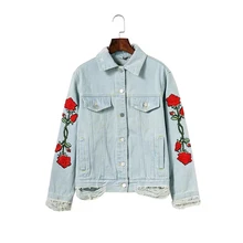 Осенняя Женская Цветочная вышивка небесно-голубая джинсовая хлопковая куртка женская потертая с длинным рукавом хиппи богемная одежда