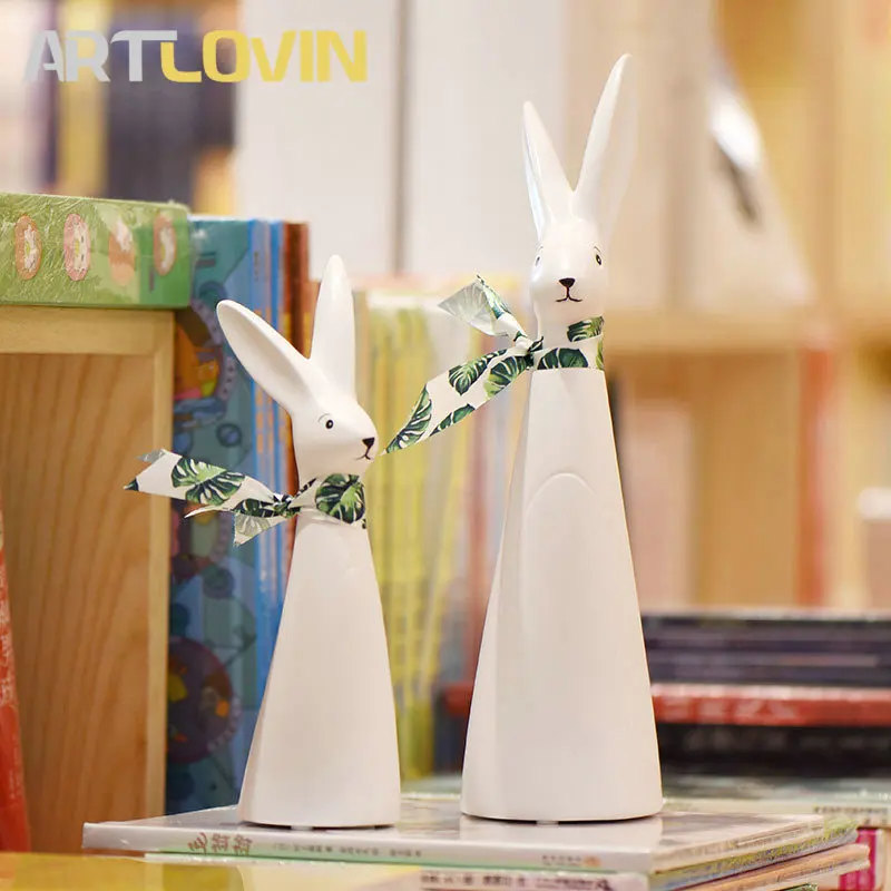 Kopen Nieuwkomers Moderne Keramische Konijn Handgemaakte Ambachten Beeldjes Creatieve Home Decoratie Ornamenten Mooie Wit Paar Standbeelden