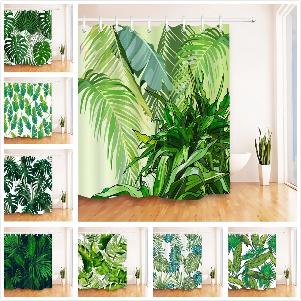 Зеленые листья, белые занавески для душа, тропические джунгли, для ванной, природа, водонепроницаемые, устойчивые к плесени, полиэстер, ткань для ванной, Декор