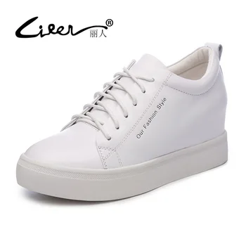 

LIREN Size 34-39 Flat Shoes 2018 Lace Up Genuine Leather Casual High-quality Fashion Women Shoes White Black