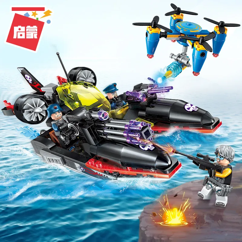 

Enlighten Building Block High-Tech Era Double Shark Boat Attack 3 Figures 317pcs Educational Technic Bricks Toy For Boy Gift