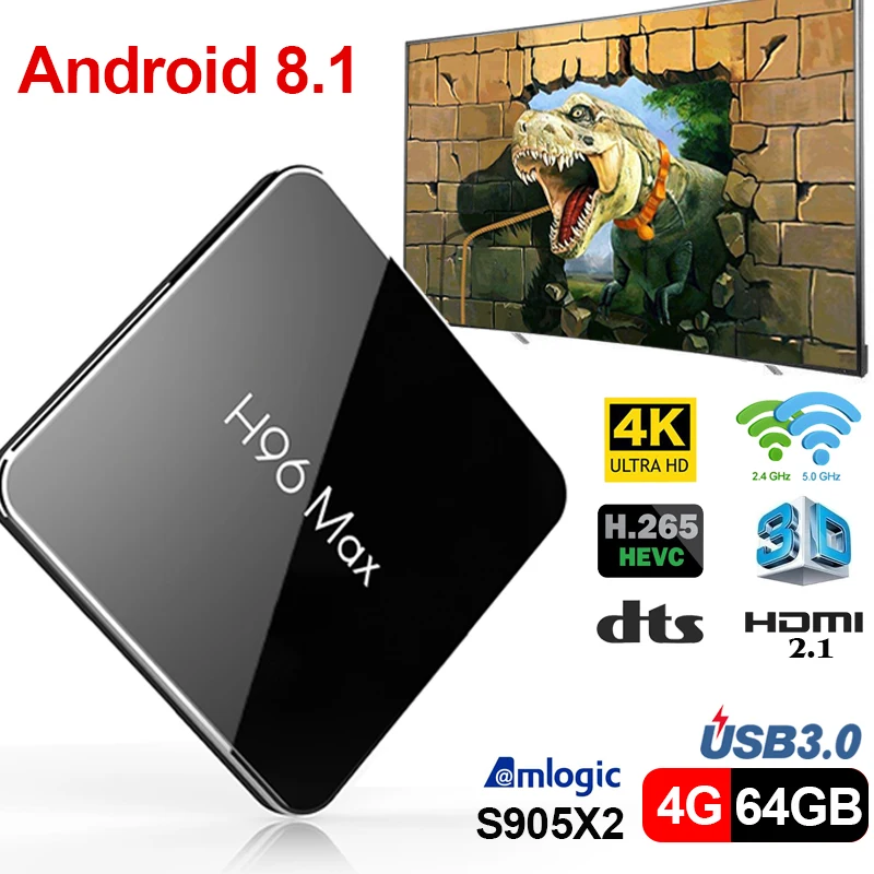 Смарт ТВ бокс H96Max Android 8 1 Amlogic S905X2 DDR4 Четырехъядерный 4 Гб 64 2 ГГц 5 wifi USB3.0 100 м k