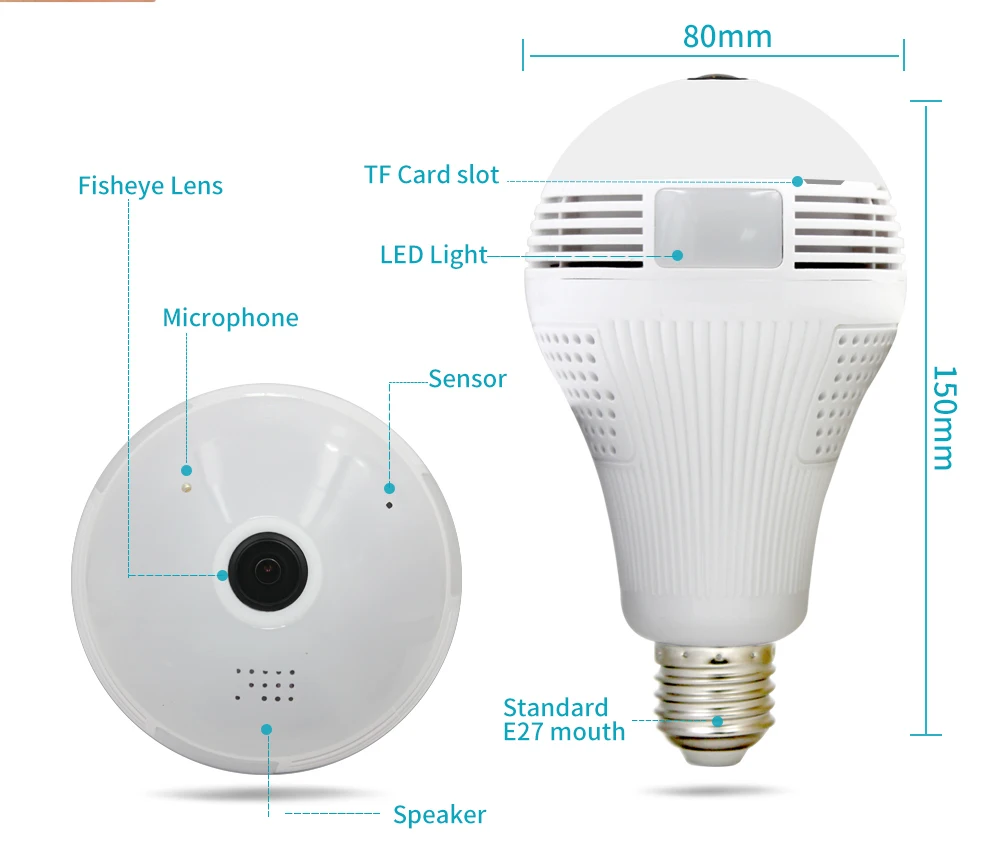 Беспроводная ip-лампа с Wifi, 960 P, панорамная домашняя камера видеонаблюдения с рыбий глаз, камера ночного видения 360 градусов, поддержка TF карты