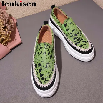 

Lenkisen mixed colors horsehair plus size slip on loafers round toe flat platform med bottom British school vulcanized shoes L33