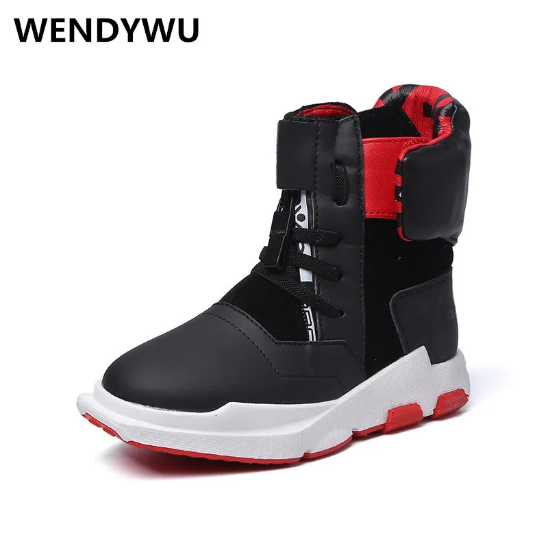 WENDYWU autumn winter boys running sneakers for children high top sneakers kids pu leather shoes baby girls black sneakers