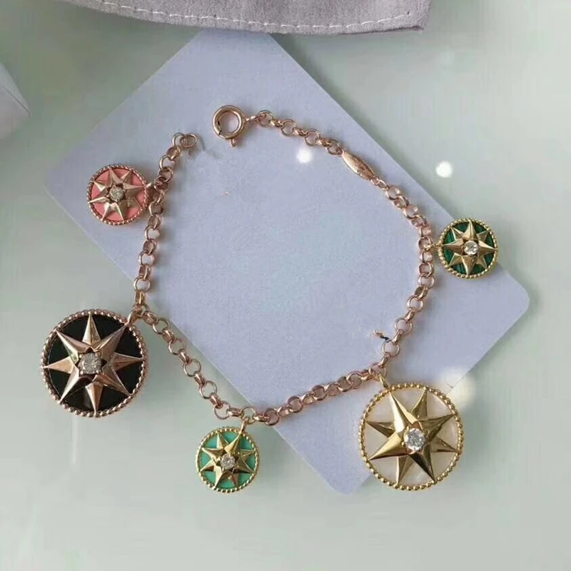 

XF Hot Round Colorful Crystal Star Charm Bracelet 925 Sterling Silver Pink Opal Shell Rose Compass Women Wedding Vents Jewelry
