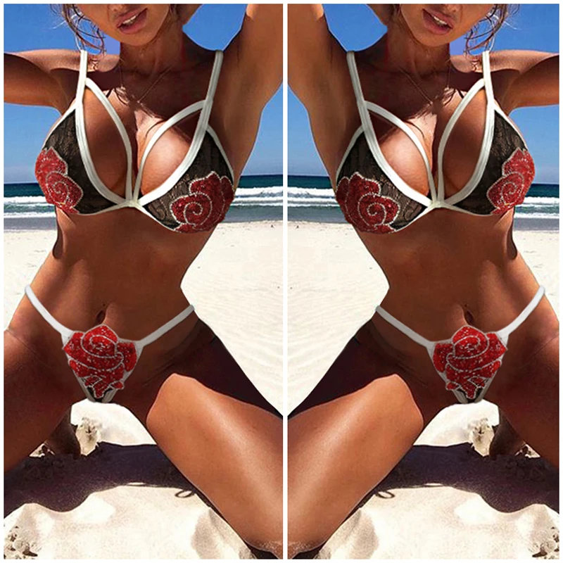 Women Bikini Swimsuit Beach Sexy Floral Strappy Bra Hollow Out Lace Lingerie Best Selling High Quality |